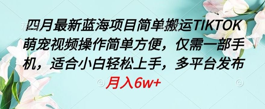 四月最新蓝海项目，简单搬运TIKTOK萌宠视频，操作简单方便，仅需一部手机【揭秘】-网站游戏源码-黑科技工具分享-www.0592tk.cn-厦门腾空互联
